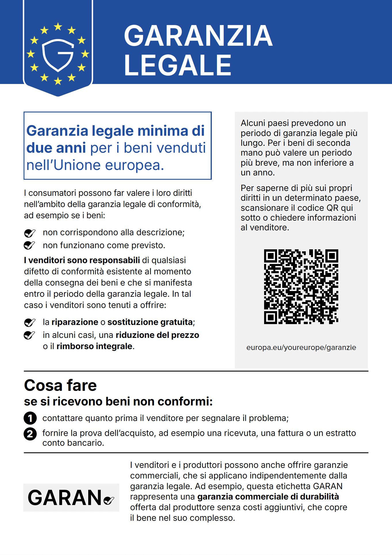 Avviso armonizzato sulla garanzia legale di conformità: garanzia legale minima di due anni per i beni venduti nell'Unione europea